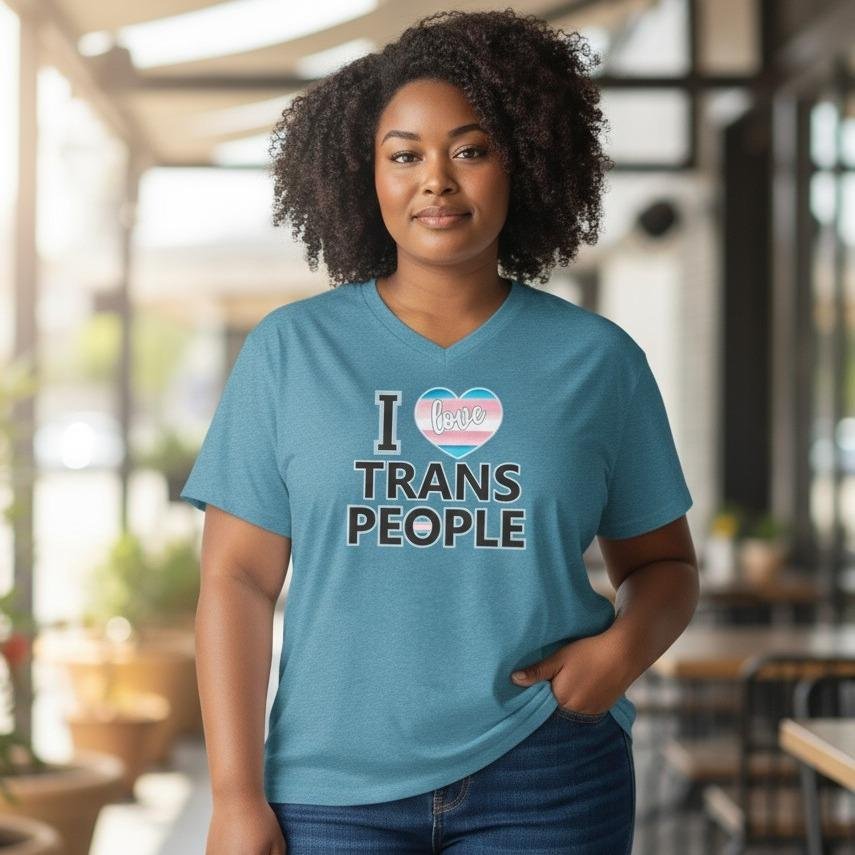 ILoveTransPeople Graphic t-shirt featuring an affirming message with a heart symbol inspired by trans pride.