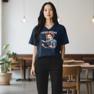 Graphic t-shirt featuring an illustrated figure reading a book with a bold statement message.