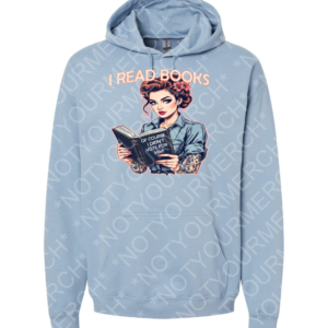 Unisex pullover hoodie featuring an illustrated reader holding a book with a bold political statement graphic on the front.