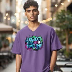Graphic t-shirt featuring bold “I Reject This Timeline” typography with dynamic graphic elements.