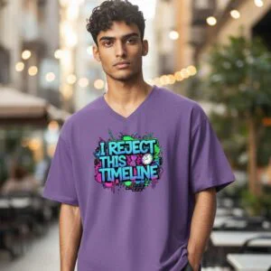 Graphic t-shirt featuring bold “I Reject This Timeline” typography with dynamic graphic elements.
