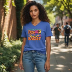 Graphic t-shirt featuring the phrase “I Would Rather Be Fat & Ugly Than a Racist” in bold, playful lettering.