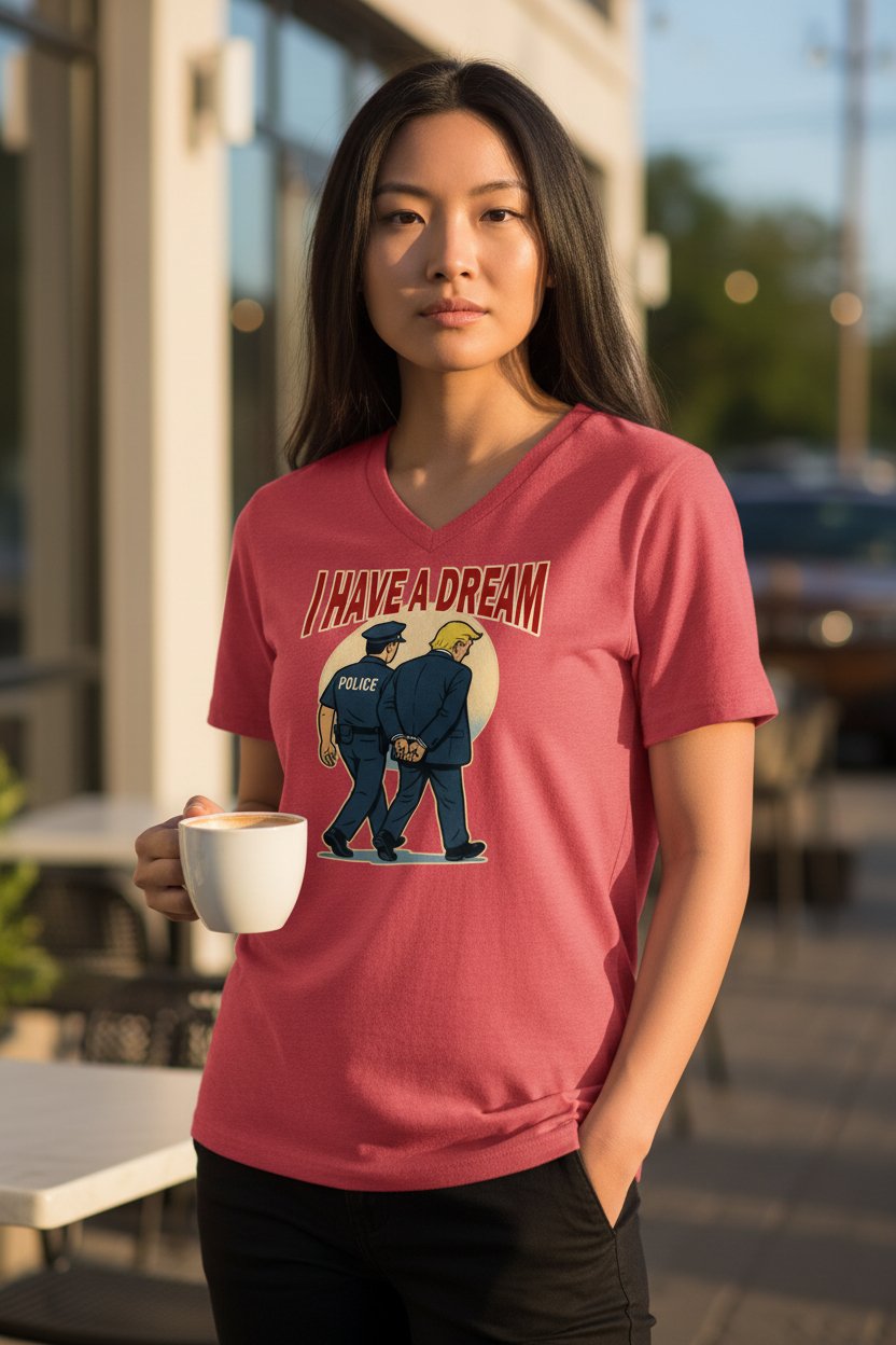 Ihaveadream Graphic t-shirt featuring the phrase “I Have a Dream” with an illustrated satirical scene.