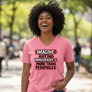 Graphic t-shirt featuring bold distressed text with a confrontational political statement.