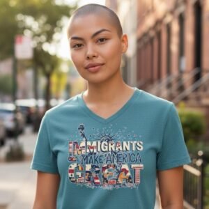 Graphic t-shirt featuring illustrated text reading “Immigrants Make America Great” with symbolic American imagery.