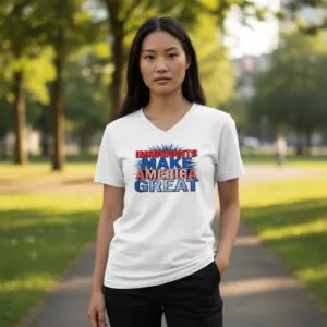 V-neck graphic T-shirt that reads “Immigrants Make America Great.”