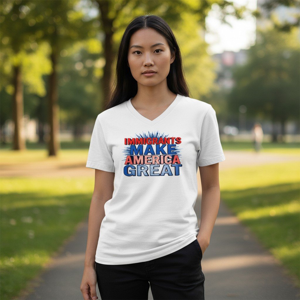 ImmigrantsMakeAmericaGreat V-neck graphic T-shirt that reads “Immigrants Make America Great.”