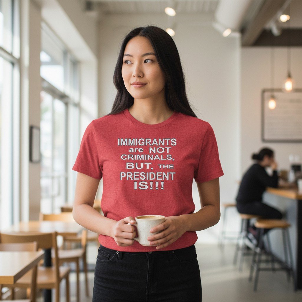 ImmigrantsNotCriminals Graphic t-shirt featuring bold centered text with a political statement about immigrants.