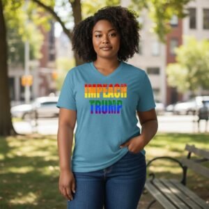 Graphic t-shirt featuring bold block lettering with a pride-inspired gradient statement design.