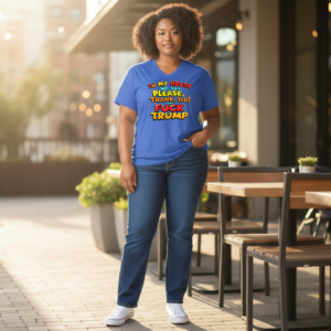 Graphic t-shirt featuring stacked typographic text with a bold political statement.