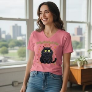 Graphic t-shirt featuring an expressive wide-eyed cat illustration with a humorous text design.