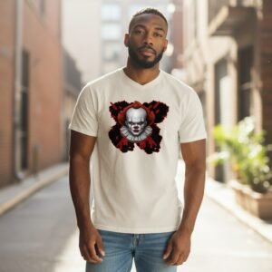 Graphic t-shirt featuring a detailed evil clown face with a dark horror-style design.