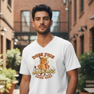 V-neck t-shirt featuring a cartoon donkey graphic with humorous text reading “Does This Jackass Make My Butt Look Big?”