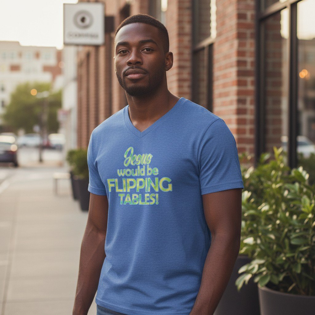 JesusFlipping V-neck t-shirt featuring bold text that reads “Jesus Would Be Flipping Tables” centered on the front.