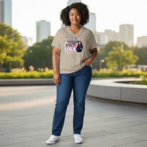 V-neck t-shirt featuring the text “Kamala Puts the US in USA” with an illustrated portrait-style graphic.