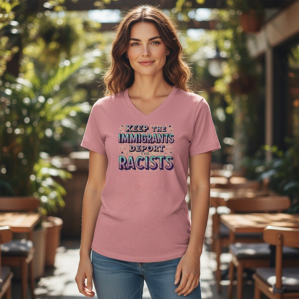 KeepImmigrants V-neck t-shirt featuring bold text that reads “Keep the Immigrants, Deport the Racists” centered on the front.