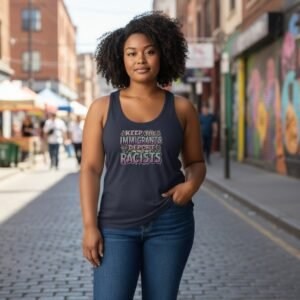 Racerback tank top featuring a bold statement text graphic centered on the front