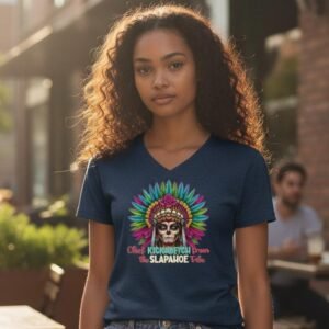 V-neck t-shirt featuring a bold satirical graphic with a skull illustration, feathered headdress design, and novelty text.