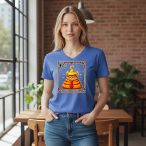 V-neck t-shirt featuring a framed satirical cartoon graphic labeled “La Caca Naranja 47.”