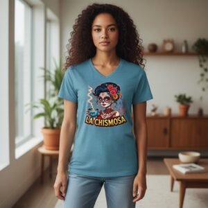 V-neck t-shirt featuring a “La Chismosa” graphic with an illustrated character holding a coffee cup and decorative details.