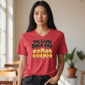 V-neck t-shirt featuring “The Lame Duck Era” text with a group of expressive cartoon duck characters.