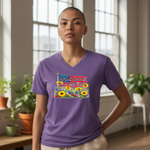 V-neck t-shirt featuring a “Land of the Free Because of the Brave” graphic with a flag-inspired element and floral illustration.