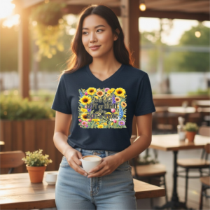 V-neck t-shirt featuring a floral-style graphic with the phrase “It’s Not Left or Right, It’s Right or Wrong” centered on the chest.