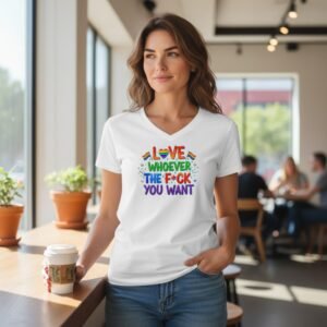 V-neck t-shirt featuring a bold “Love Whoever You Want” graphic with expressive lettering and symbolic icons.