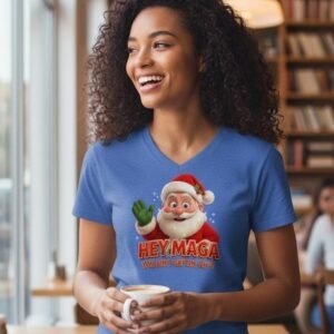 Graphic T-shirt featuring a cartoon holiday character with bold satirical text across the chest.