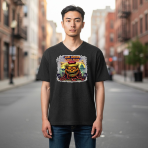Graphic t-shirt featuring dark political satire artwork with bold protest text and symbolic imagery.