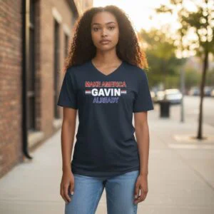Graphic t-shirt featuring bold centered text reading “Make America Gavin Already.”