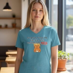 Women wearing a V-neck graphic T-shirt featuring a humorous illustrated design and text.