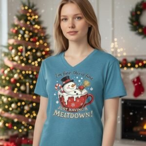 Graphic V-neck t-shirt featuring a snowman sitting in a mug with humorous text about having a meltdown.