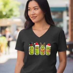 Graphic t-shirt featuring festive pickle characters dressed in playful holiday accessories.