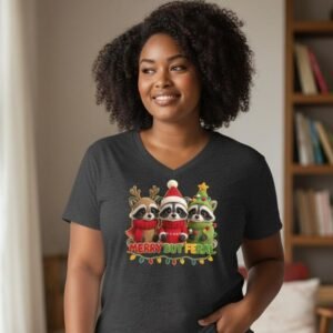 Holiday graphic t-shirt featuring three illustrated raccoons in festive outfits with the text “Merry But Feral.”