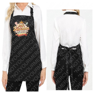 Apron featuring a playful My Kitchen My Rules design with a crown and kitchen-themed graphics