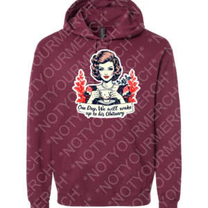 Unisex pullover hoodie featuring a vintage-style illustrated woman holding a cup with the phrase “One day, we will wake up to his obituary.”
