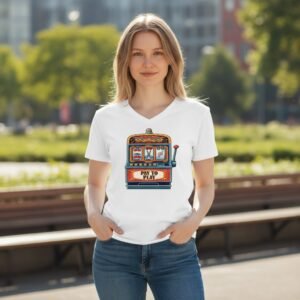 Model wearing a V-neck T-shirt with a slot machine graphic and “Pay to Play” text in an outdoor setting.