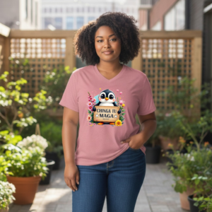 Graphic V-neck t-shirt featuring a cartoon penguin holding a bold statement sign with floral accents.