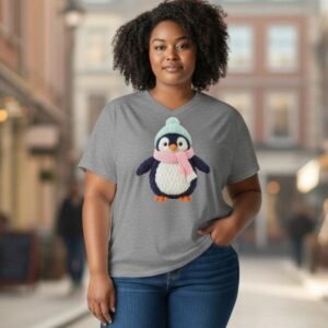 Model wearing a V-neck T-shirt with a playful penguin graphic in a casual street setting.
