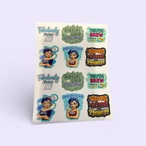 Sticker sheet featuring multiple illustrated designs and phrases from the Christina Talks Tea collaboration.