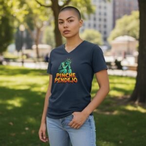 Graphic V-neck t-shirt featuring a statue-inspired illustration with bold statement text on the front.