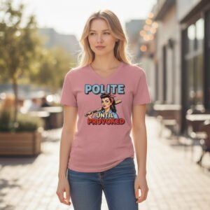 V-neck graphic t-shirt with a retro-style illustrated figure and bold slogan text.