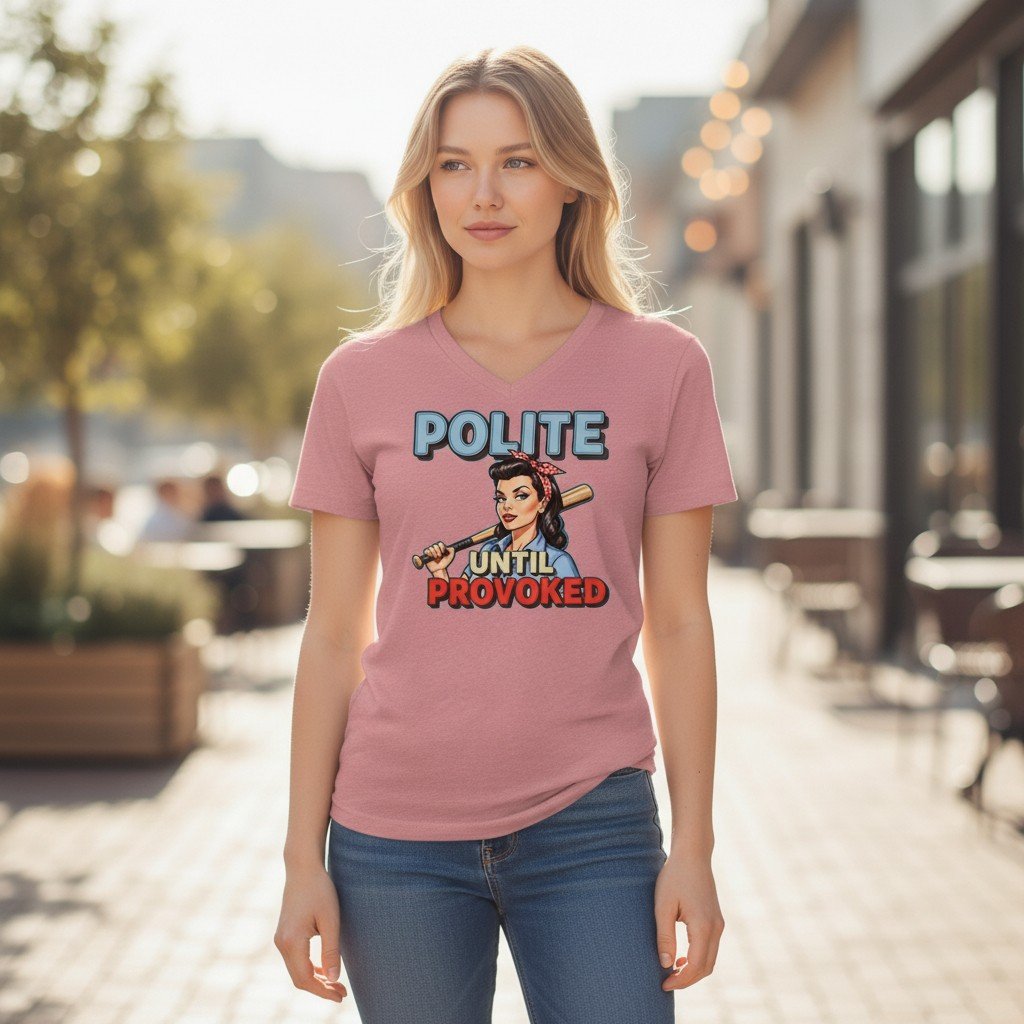 PoliteUntilProvoked V-neck graphic t-shirt with a retro-style illustrated figure and bold slogan text.