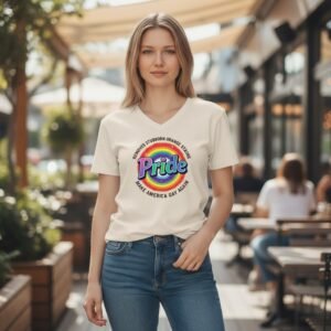 Model wearing a V-neck T-shirt with a pride-inspired graphic and statement text in an outdoor café setting.