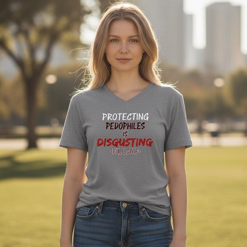 ProtectingPedosIsDisgusting Statement graphic t-shirt featuring bold text with a strong social message on the front.
