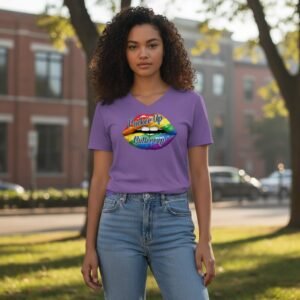 V-neck t-shirt featuring a bold lips graphic with the phrase “Pucker Up Buttercup.”