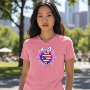 Woman wearing a V-neck t-shirt with a heart graphic featuring bunny ears and a flag-inspired design.