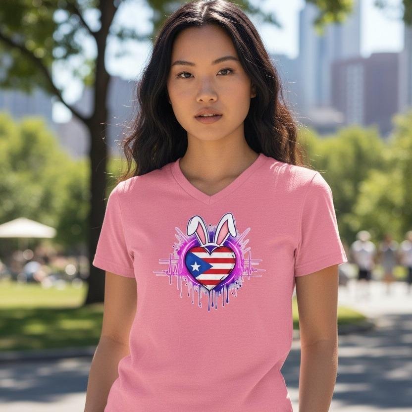 PuertoRicanBunny Woman wearing a V-neck t-shirt with a heart graphic featuring bunny ears and a flag-inspired design.