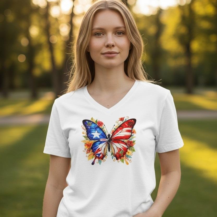PuertoRicanButterfly Woman wearing a V-neck t-shirt with a butterfly graphic featuring a flag-inspired design.